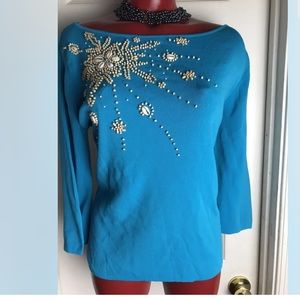 KIKIT TURQUOISE BLUE Knit Top Beaded Shells XL